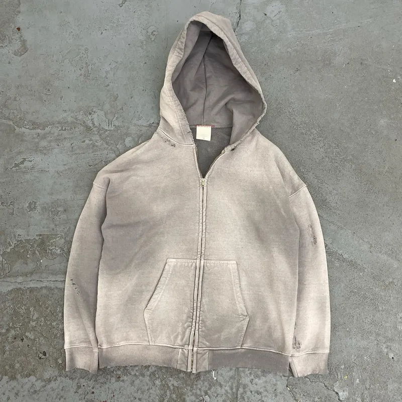 Gym Brown Acid Wash Fleece Zip Hoodie Streetwear Cotton Hoodie Blank Zip Up Vintage Acid Wash Sun Faded Distressed