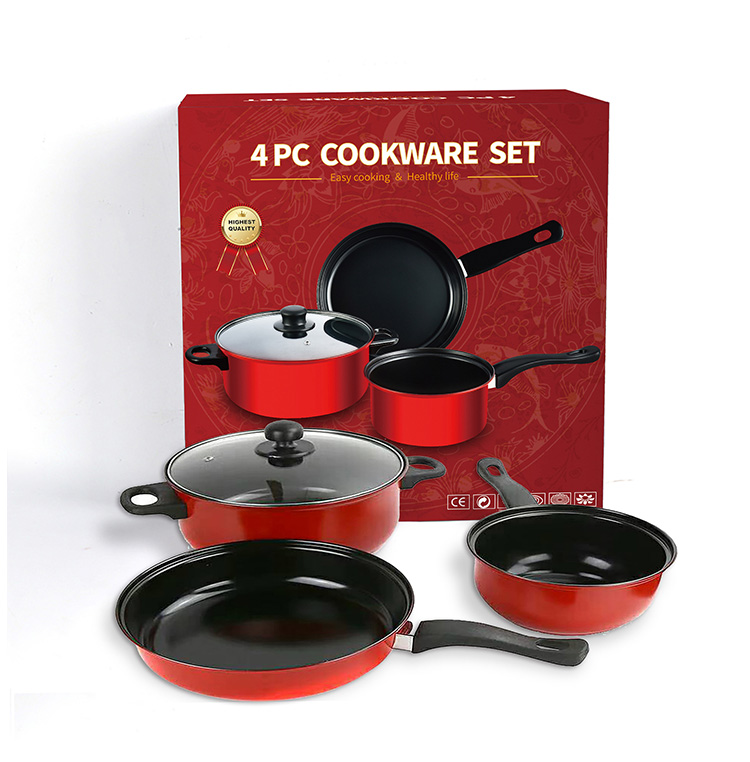 Red 4 Piece Cast Iron Cookware Set Iron Non Stick For Kitchen