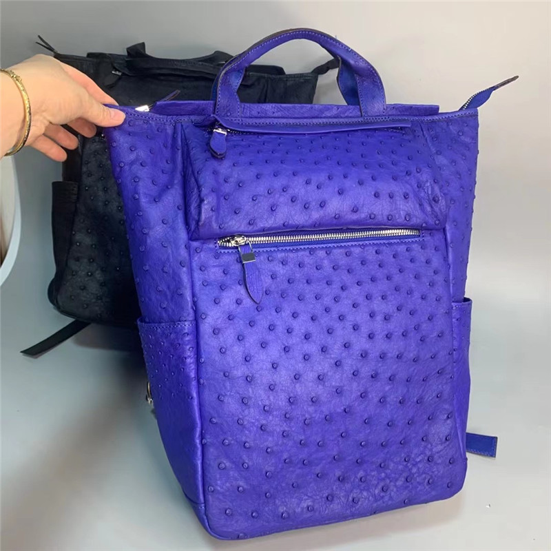 Casual Style Authentic Real True Ostrich Skin Men's Large Blue Travel Backpack Genuine Leather Male Top-handle Bag Pack