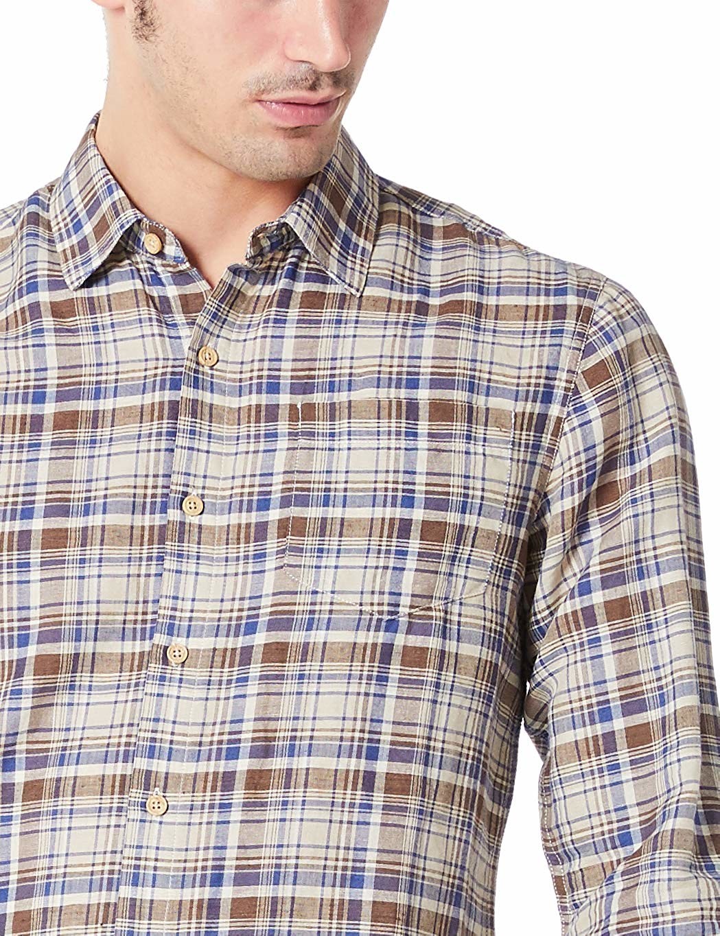 52% Linen Checkered Men'S Casual Plaid Long Sleeve Shirt with Single Side Pocket