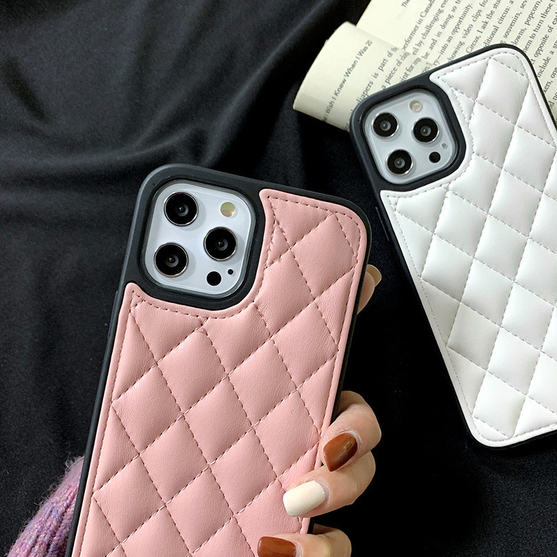 PU Leather Designer Cell Phone Cases Stitched Grill Pattern Camera Protection