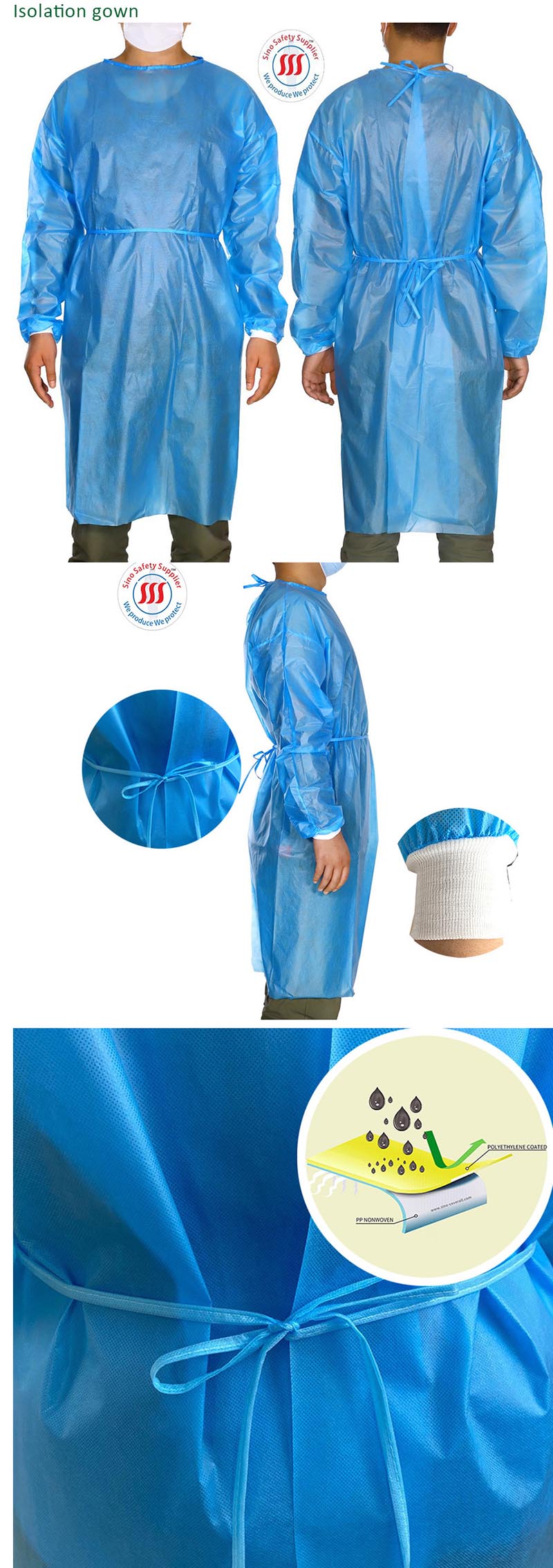 Ce Non Woven Disposable Gowns Blue Pe Coated Non Medical Waterproof