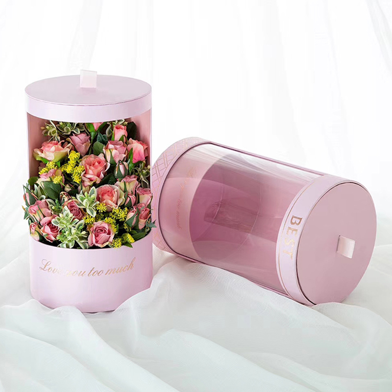 CMYK Printed Cylinder Shape Gold Stamping Logo Pink Flower Packaging Box for Roses
