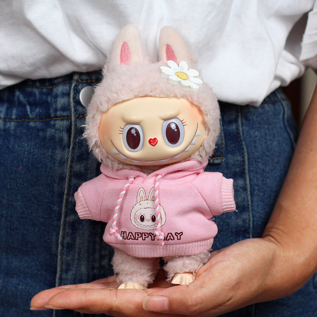 Luxury 17cm Pull Cloth Doll for Boys Famous Heart Macaron Labubu with Vinyl Face Only Clothes in a Mystery Box