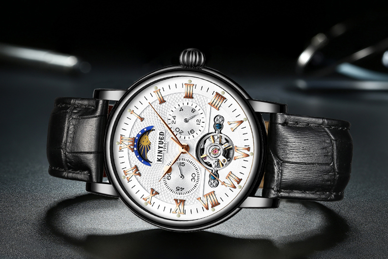 Black Leather Luxury Mechanical Watches White Dial Automatic Movement