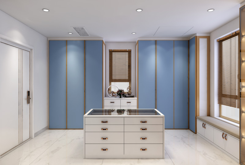 Blue Walk In Closet With Integrated Central Island Seamless Functionality