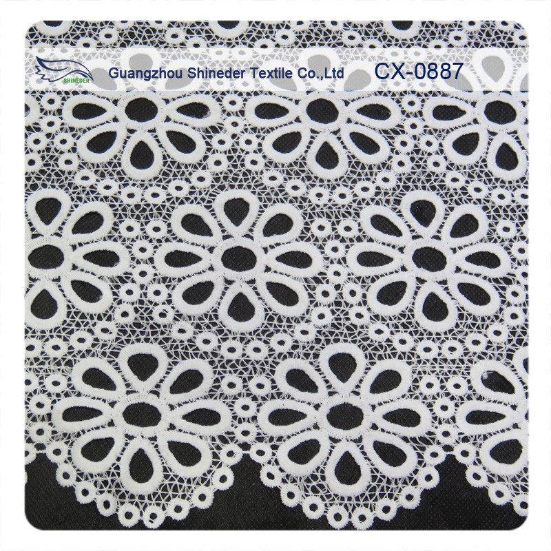 White Embroidered Lace Fabric , Polyester repeated Floral Bud Silk Fabrics Garment