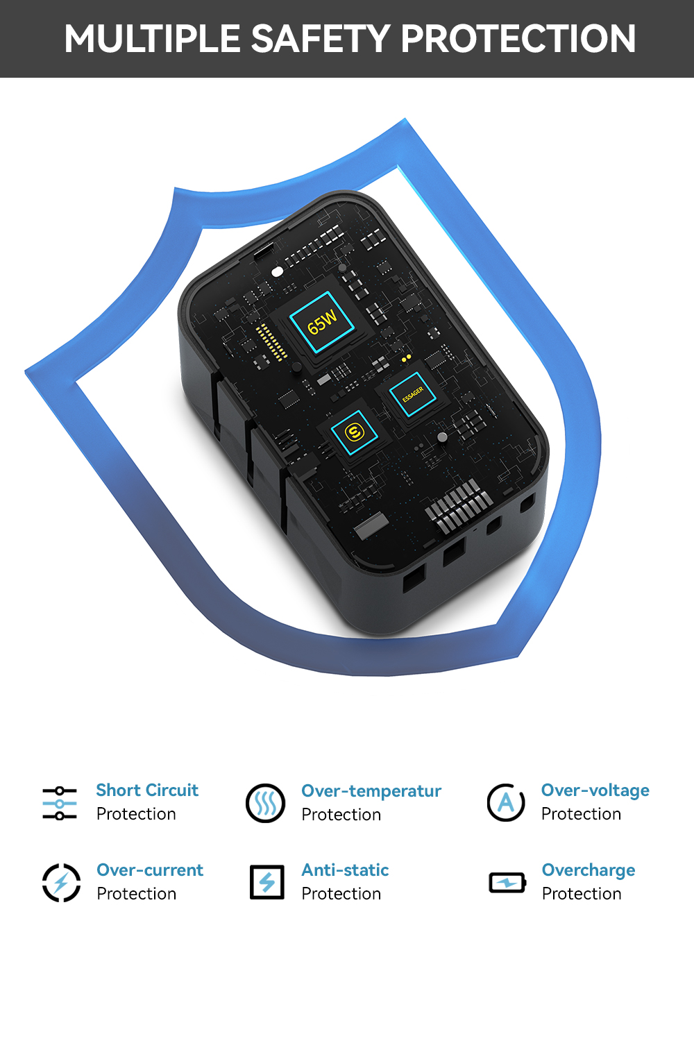 Essager 2023 Travel New Product Phone Accessories Quick Charging 3 USB-C 2 USB-A Portable Travel 65w Charger