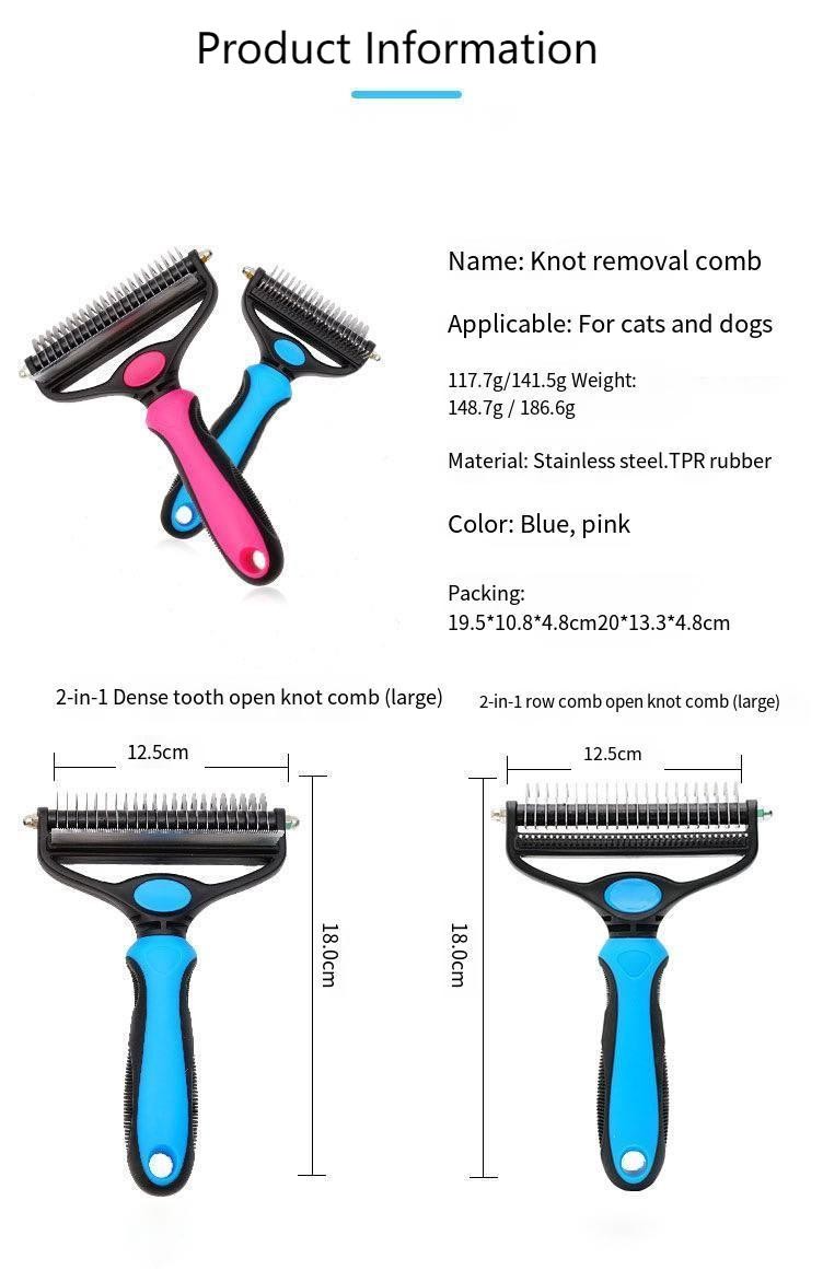 Pet 2-In-1 Detangling Grooming Comb Cat Hair Cleaner Removal Dense Toothed Dog Rake Brush
