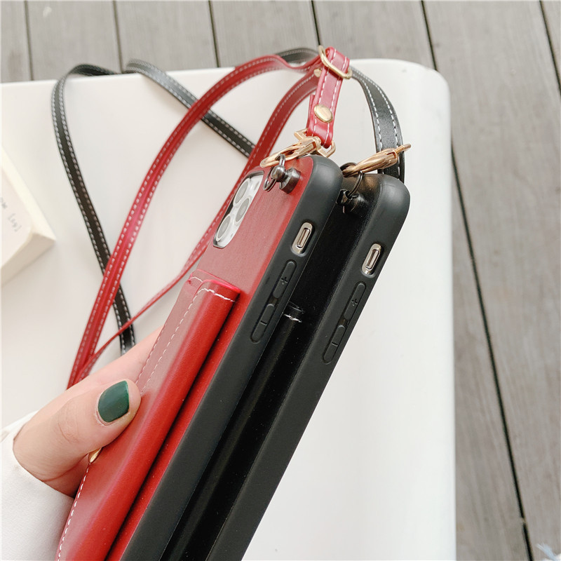 Neck Strap Phone Case , Leather Mobile Cover Adjustable Length Goes With A Card Holder