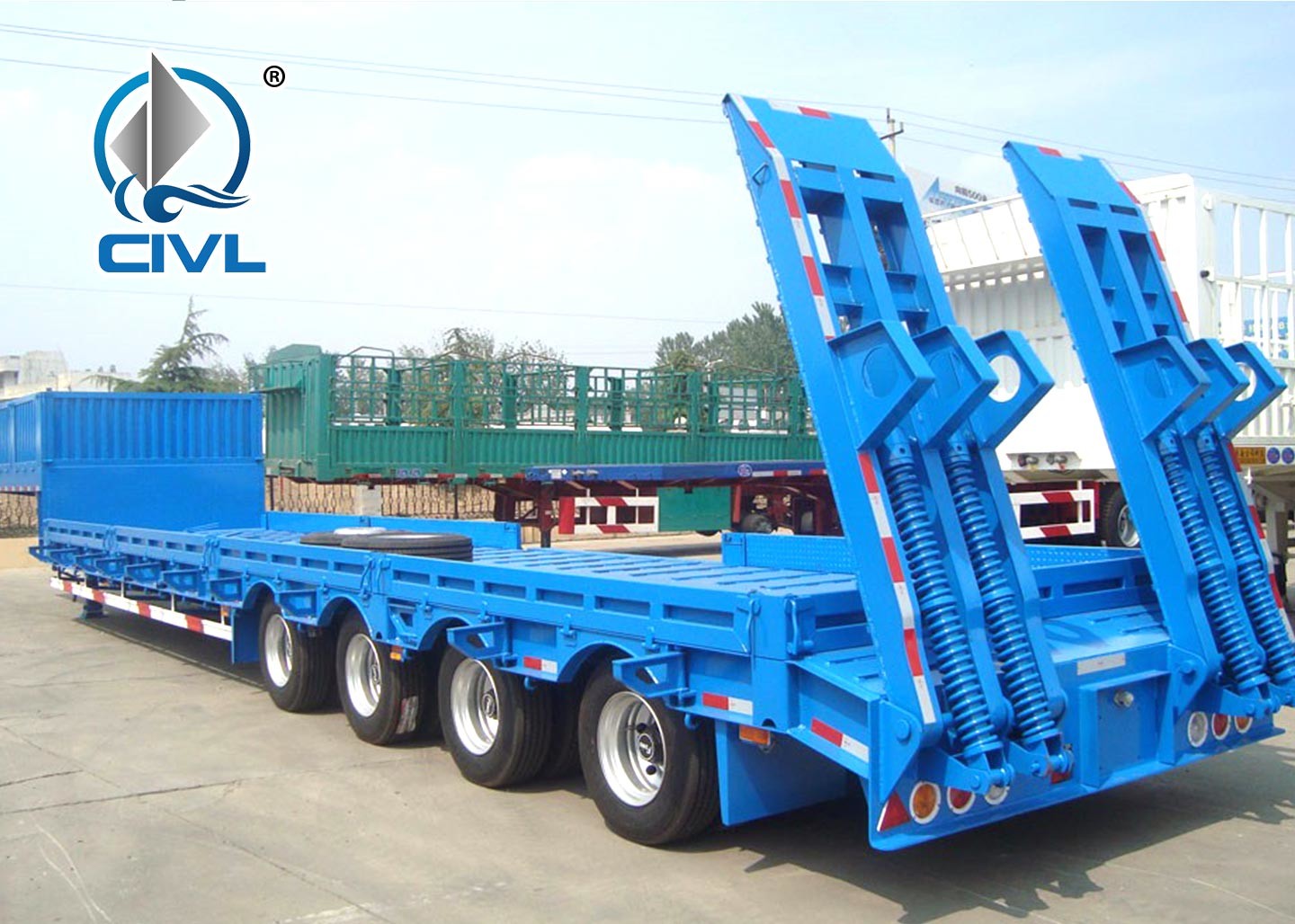 50 Tons Low Bed Semi Trailer , 3 Axles Flat Low Flatbed Trailer Manual Transmission