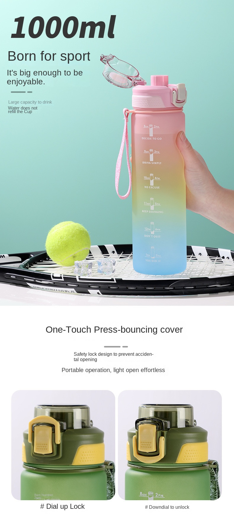 Customized Portable Summer Large Capacity Personalized Sports Water Bottles Plastic Water Bottle 1000ml 32oz Outdoor Sports Activities Travel Cycling