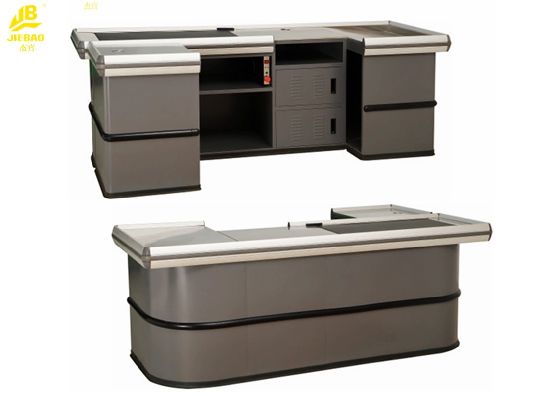 Dark Gray Checkout Counter With Conveyor Belt For Hypermarket Q235 Steel Material