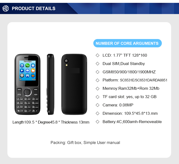 Very Slim Keypad Push Button Mobile Phones 8851 With 600amh Lithium Battery