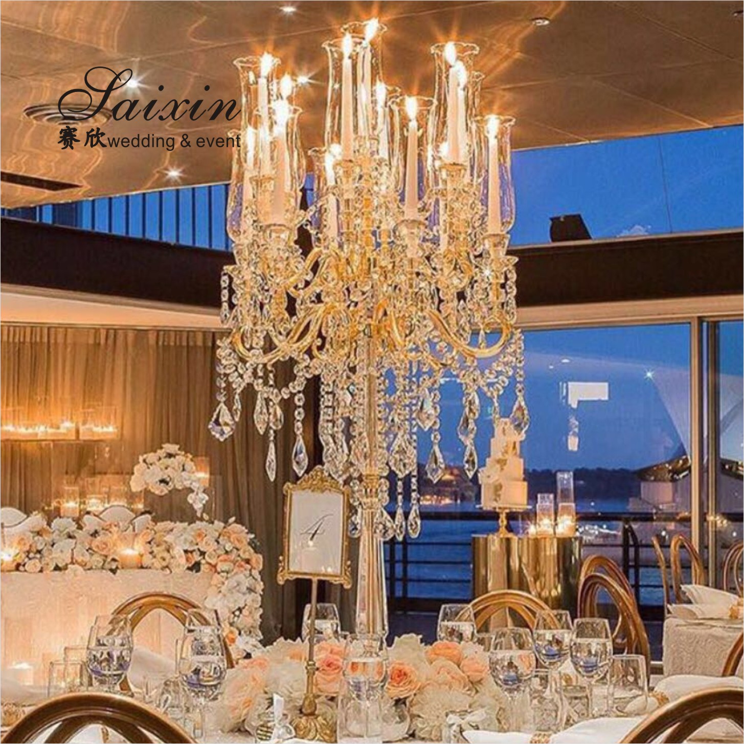 5 Arm 9 Arms Gold Metal And Crystal Candelabra Wedding Centerpieces 130CM