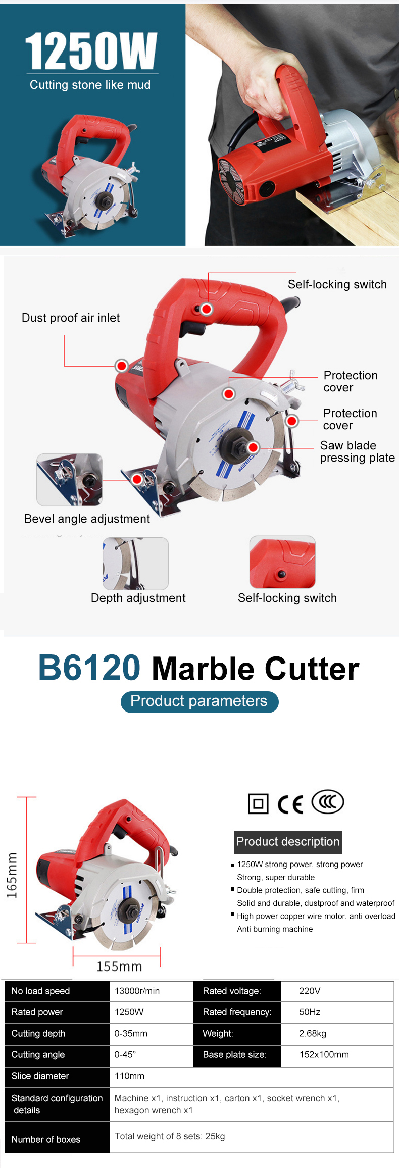 1250W 110mm Tile Saw Electric Stone Cutting Machine Marble Saw cutter