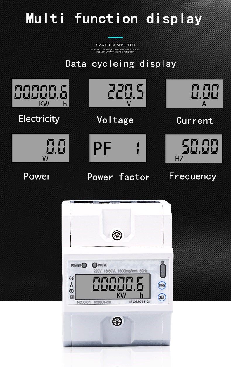 CN75SD Multi function DIN Rail 1 Phase 2 Wire 220V 15(60)A 1600imp/kwh Energy meter with RS485