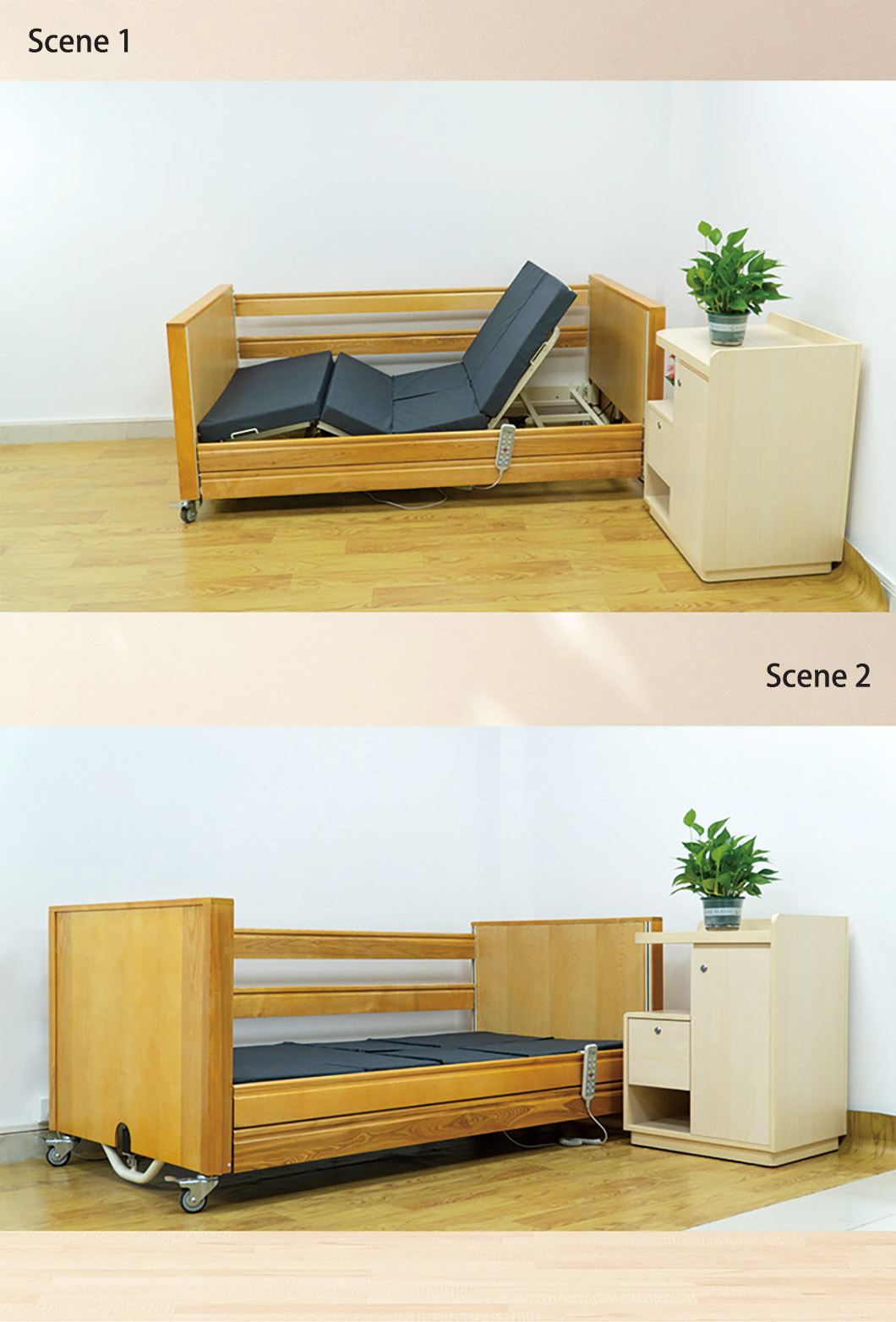 Popular Elderly Electric Hospital Beds For Home Remote Control Wooden Care Home Beds