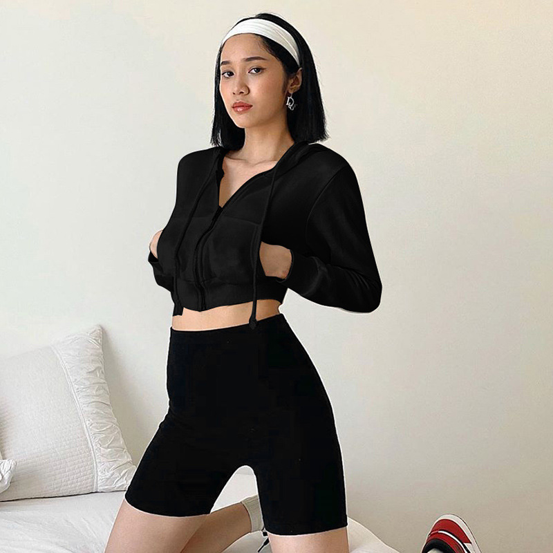 2020 Women Hoodie Short Style Long Sleeve Hooded Zipper Pocket Sweatshirt girl coat Can be customized logo