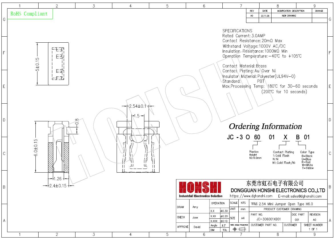 3A-5A 2.54mm Pitch Mini Jumper Hight 6.0mm Red Blue Yellow Black with Open Form Capping 1