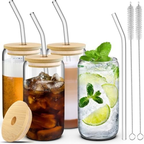4 Set Glass Cups with Lids and Straws 16 oz, Glasses Drinking Set, Iced Coffee Cup with Bamboo Lids,