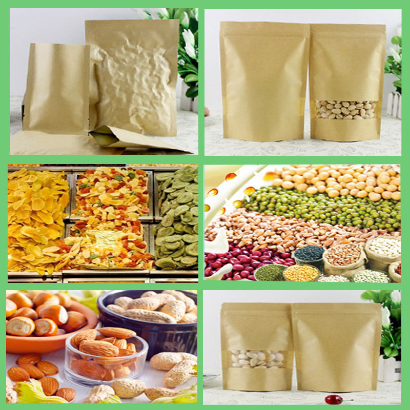 Custom Biodegradable Brown Stand Up Pouches With Zipper And Window For Food Packaging