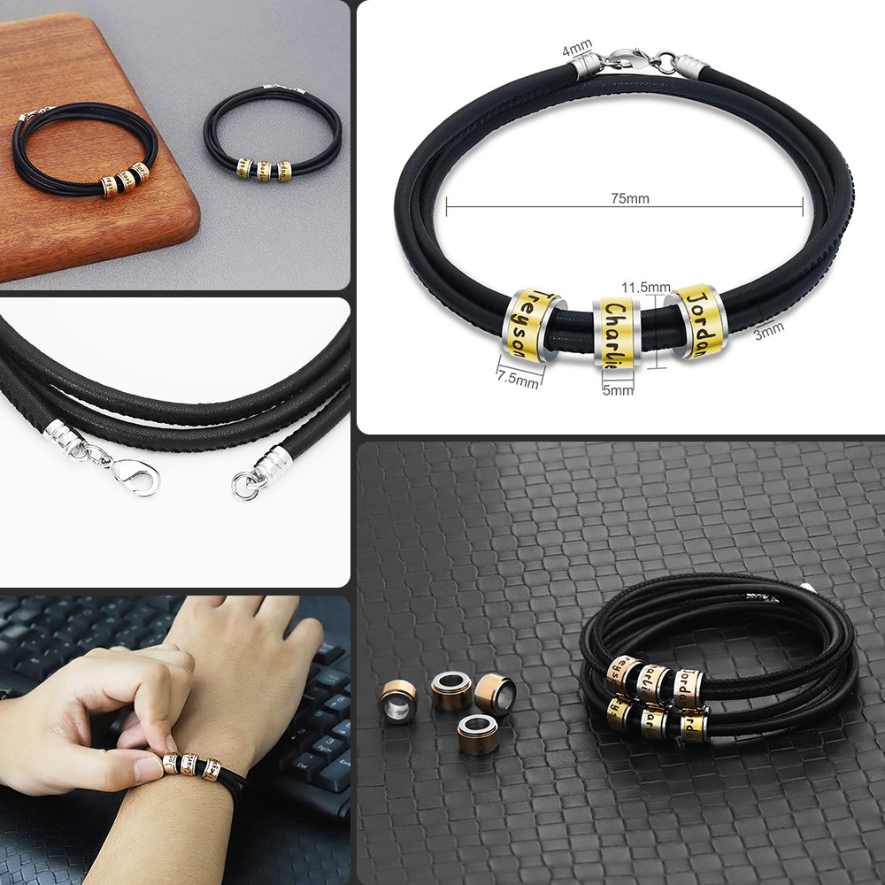 75MM 304 Stainless Steel Leather Mens Engraved Bracelets