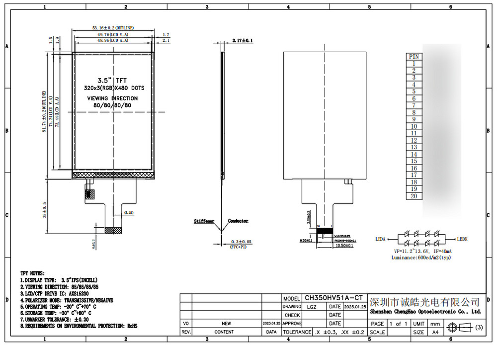 Incell TFT 20Pin LCD Display Module 320x480dots Sunlight Readable