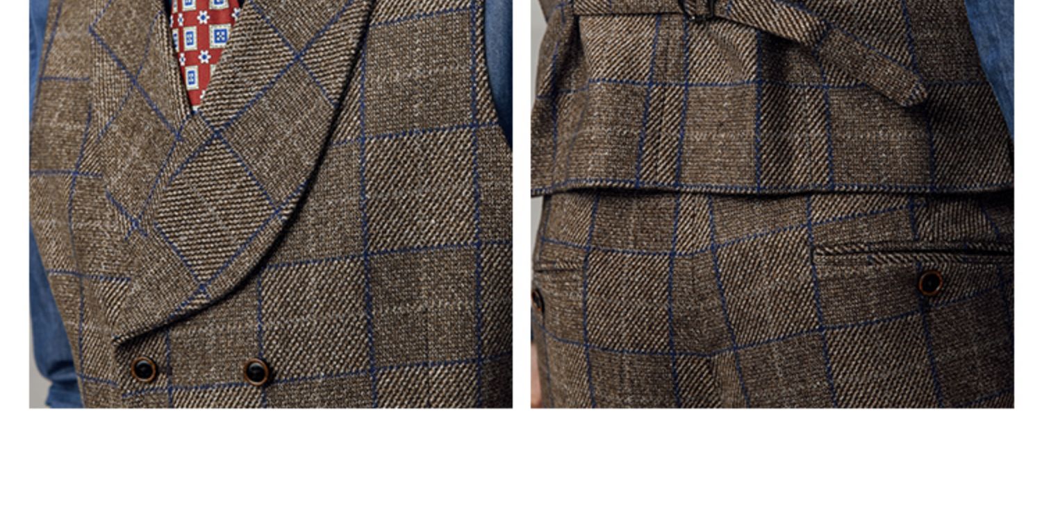 Spring Gentleman Brown Tweed Wool Silk Men's Vest with Double-Breasted Regular Length