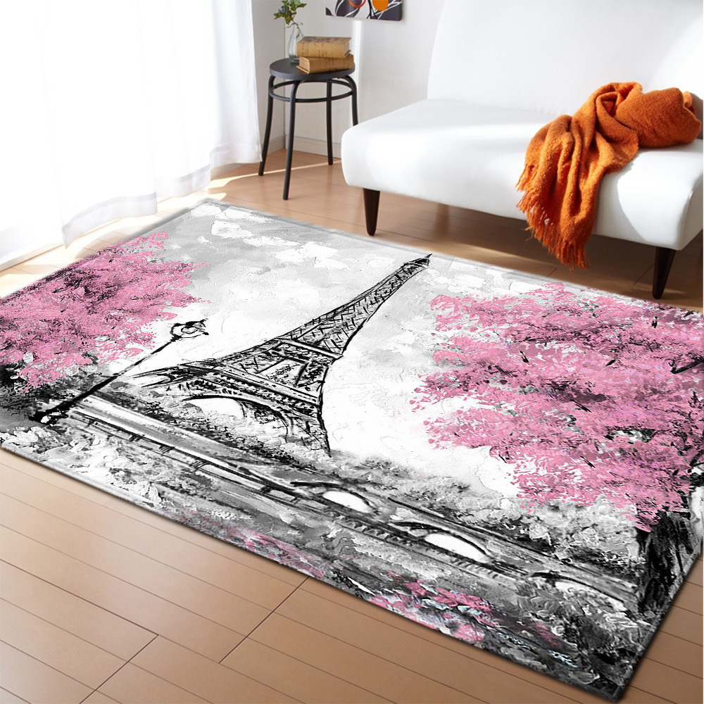 Retro Paris Tower Pink Flower Carpet with Printed Crawling Pad