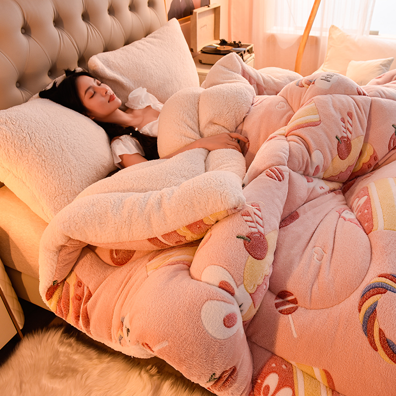 Customised Size Lamb Fleece Milk Velvet Quilt Thickened Super Warm Winter Bedding Set