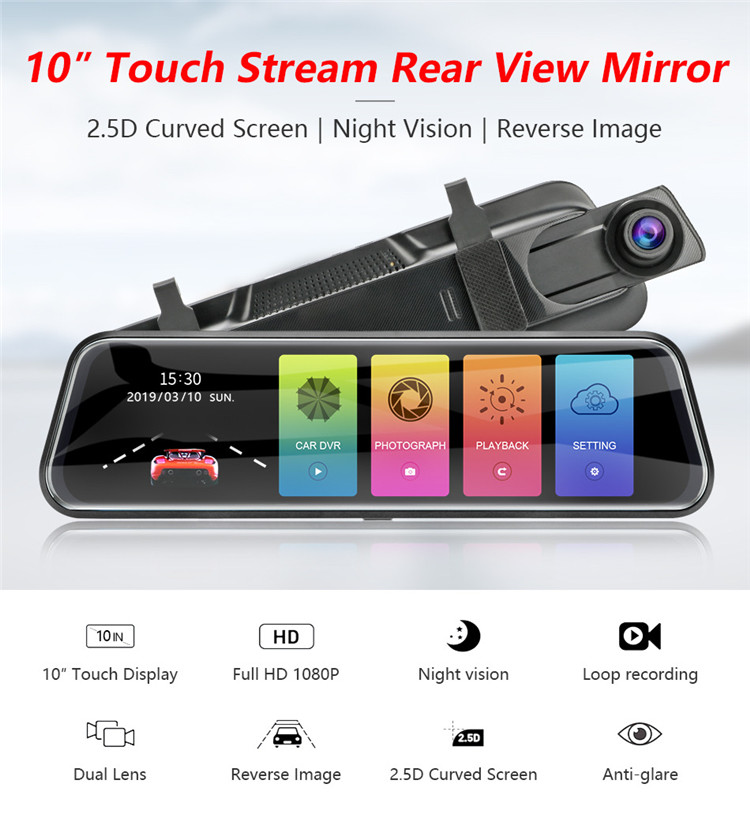 10" Right Lens Vehicle Blackbox DVR Full HD 1080P fHD Touch Screen Stream Media