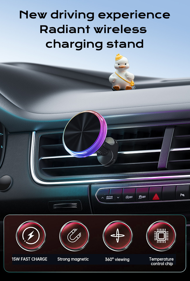 Fast Wireless Charging Magsafe Car Mount Magnetic Stable Crystal Ambient Light Design Horizontal Vertical