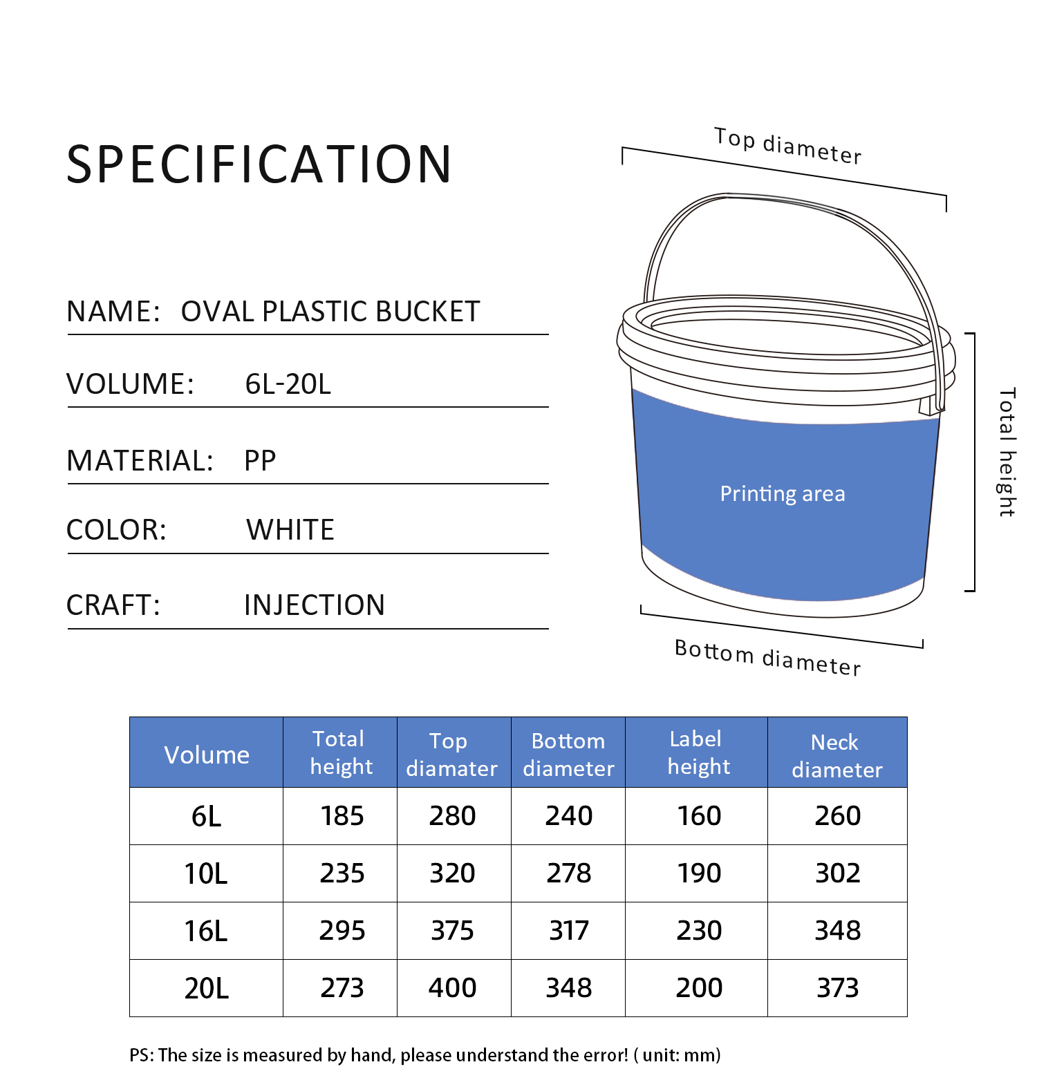 6L 16L 20L Plastic Oval Shape Paint Bucket Pail With Handles OEM LOGO Printing Color