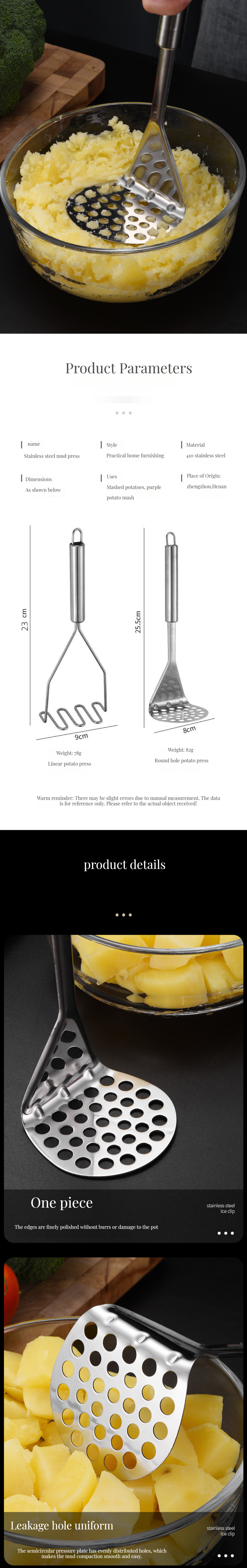 Fast Food Manual Stainless Steel and Bamboo Potato Puree Press for Baby Food Masher Undulating Kitchen Tool
