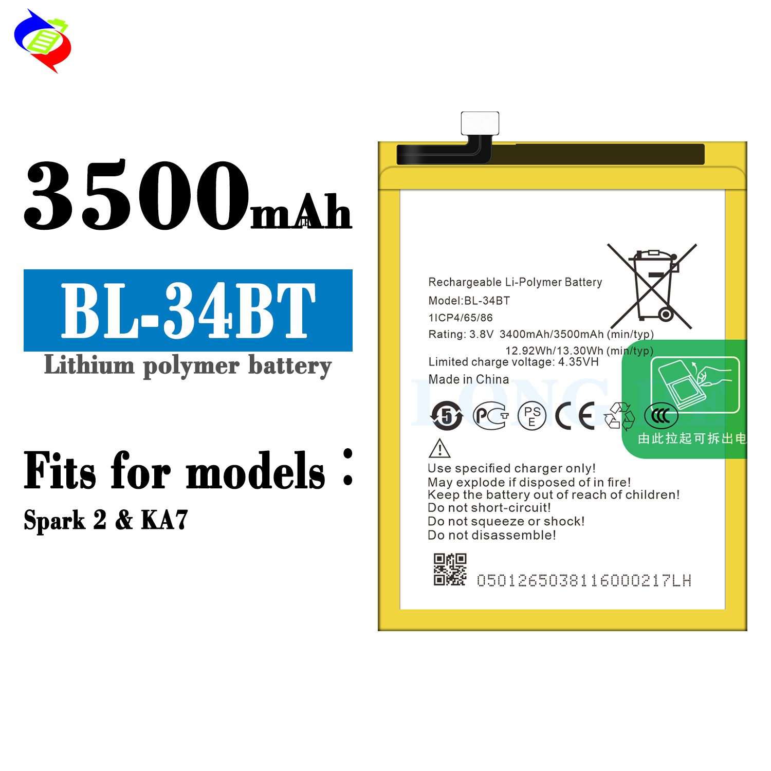 100% Original BL-34BT Spark 2 Li-ion Battery for Tecno KA7 Stock and RECHARGABLE