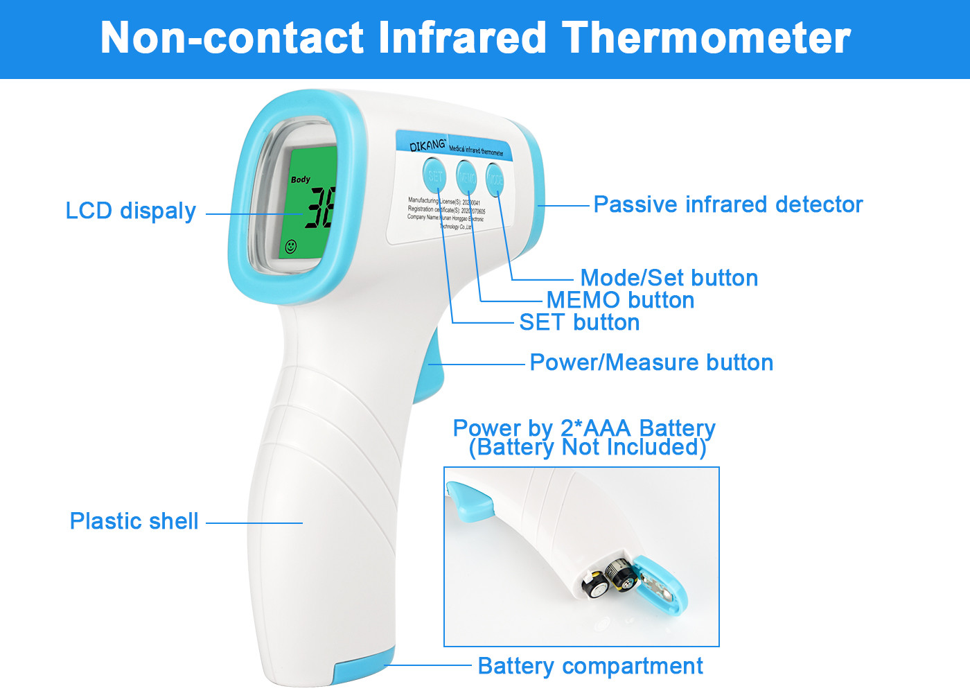Non Contact Digital Infrared Thermometer With Fever Alert Function Body And Surface Use