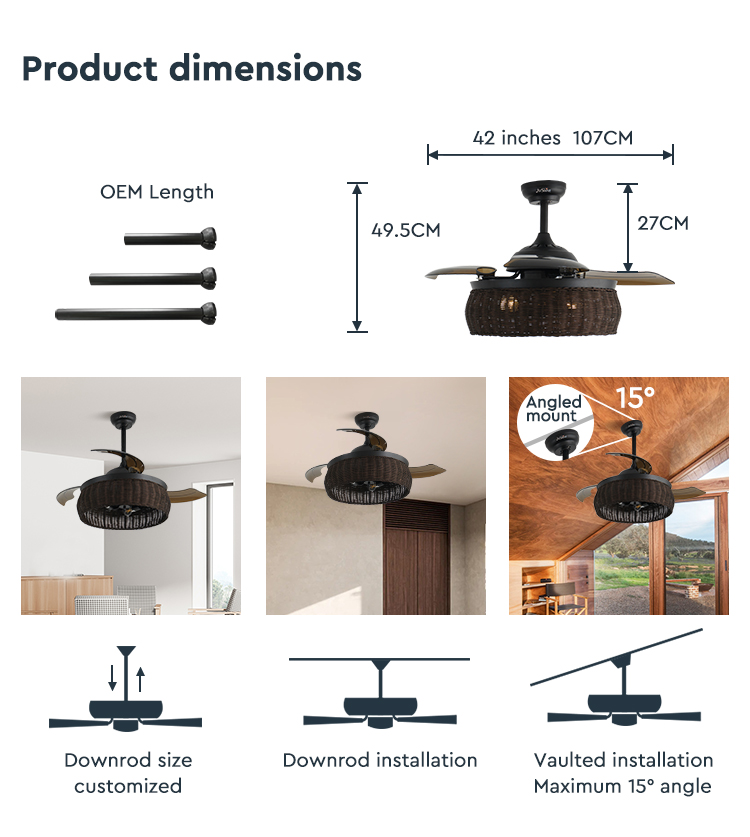 1stshine Rattan Weaving Ceiling Fan with Old-Fashioned Design and Invisible Blades