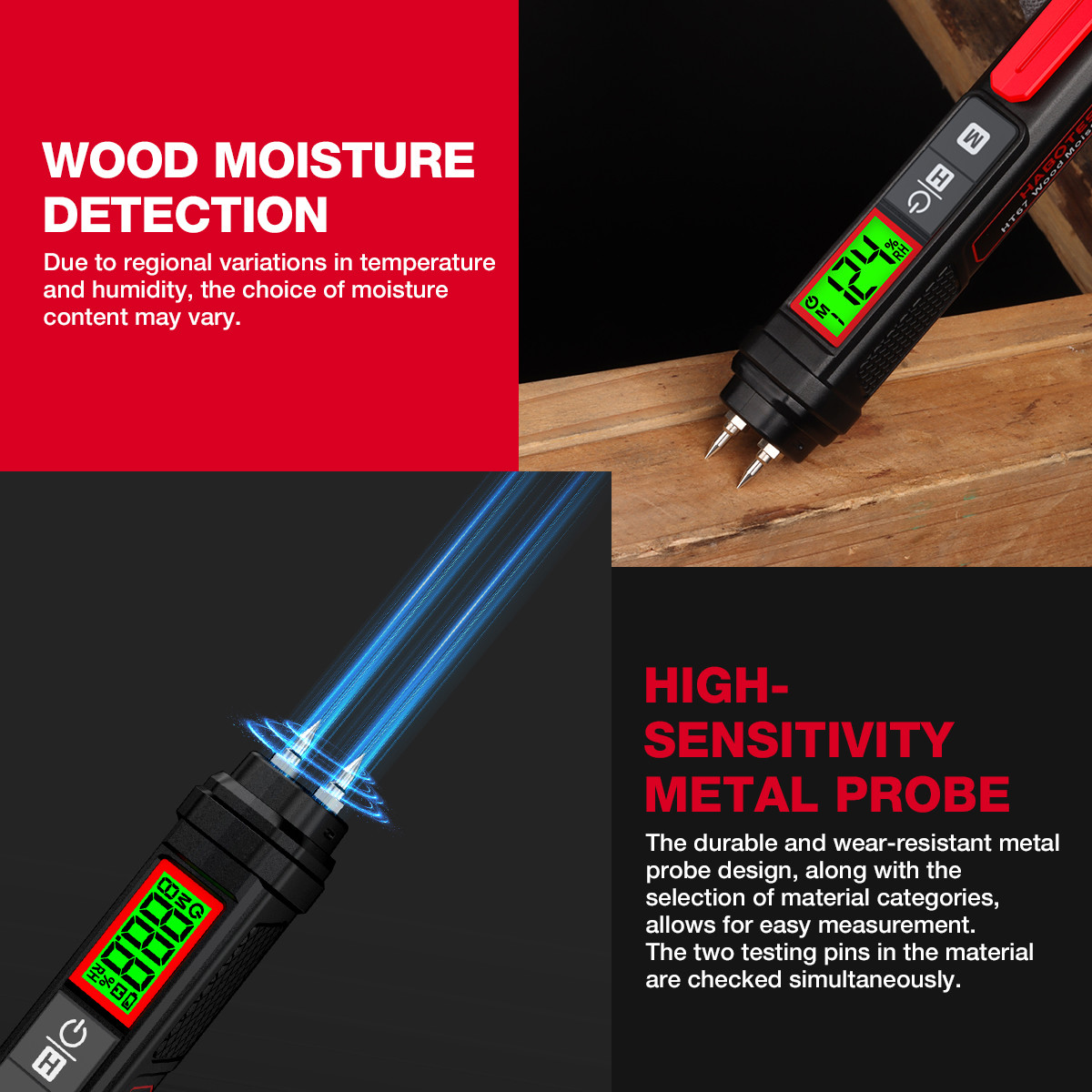 HT67 Digital Wood Moisture Meter Professional Wood Humidity Tester 0~58% Portable Pen-Type Timber Hygrometer Meter