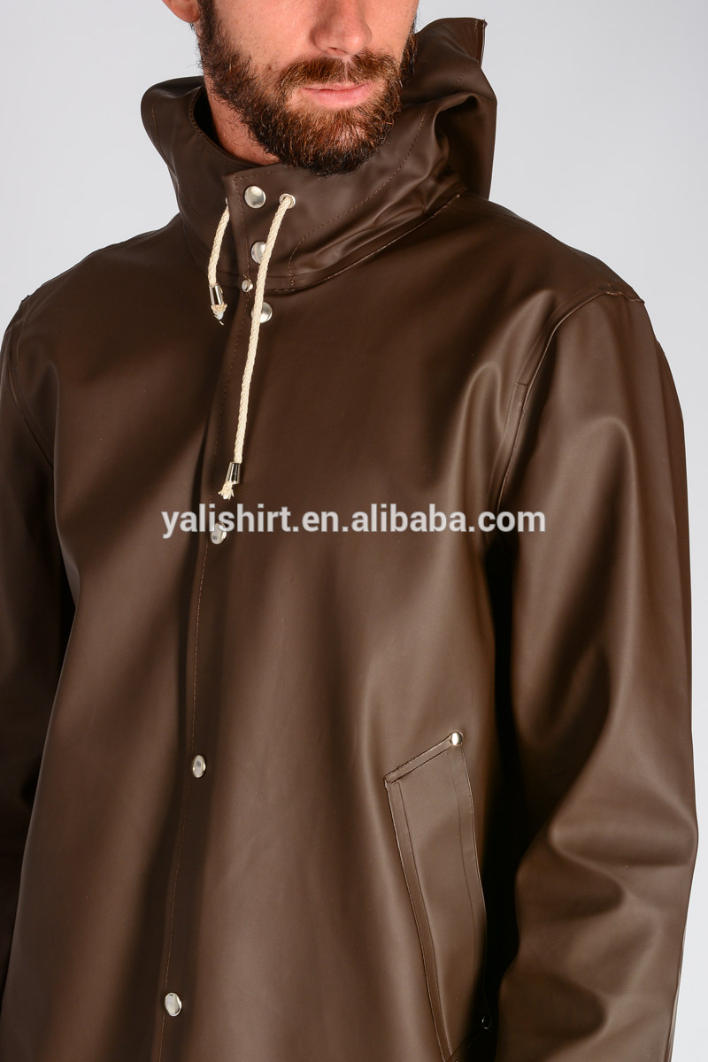 Shenzhen factory custom mens long rubber raincoat with hood