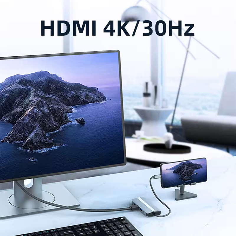 7 In 1 USB C USB-C Hub For Macbook Gray HDMI USB 3.0 USB2.0 RJ45 SD/TF Card Reader PD Output