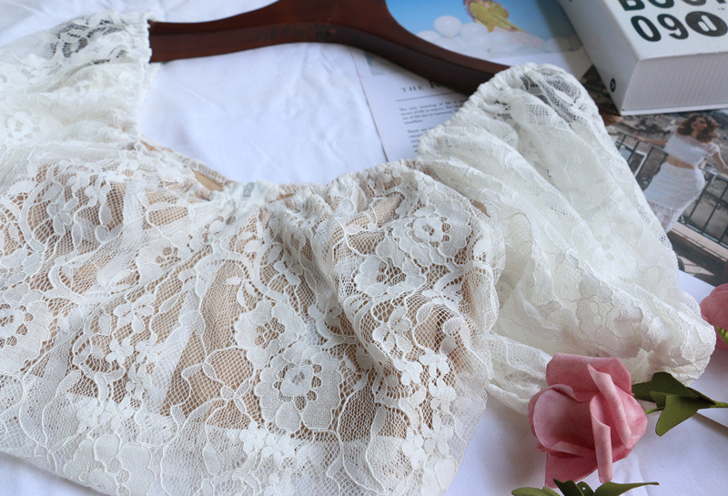 Square Neck Puff Sleeve Backless White Lace Crop Top Short Sleeve