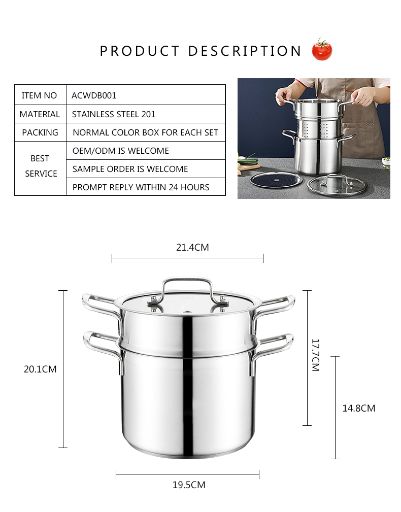 Home Cooking Stackable Steamer Pot Stainless Steel 22cm Soup Stock Pot