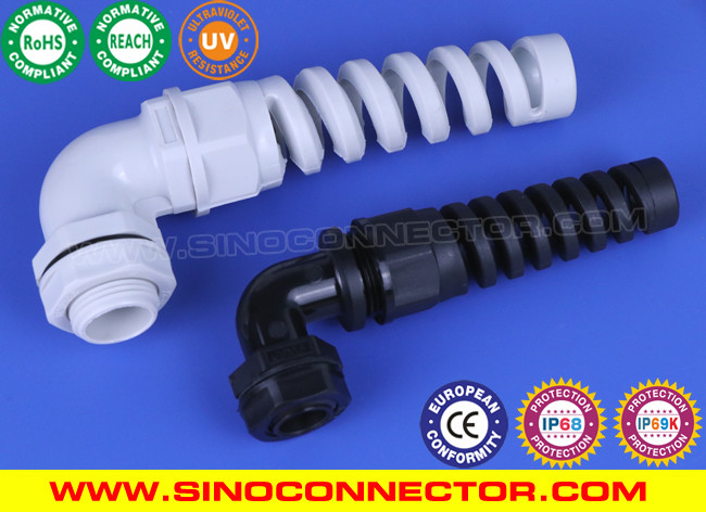90° Elbow (Right Angle) IP68 Cable Glands with Spiral Flex & Bend Protection