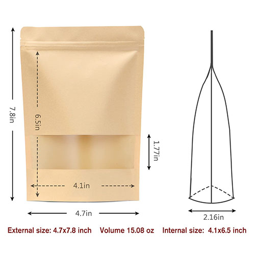 Kraft Paper Bag with Resealable Lock Seal Zipper and Stand Up Design Transparent Window