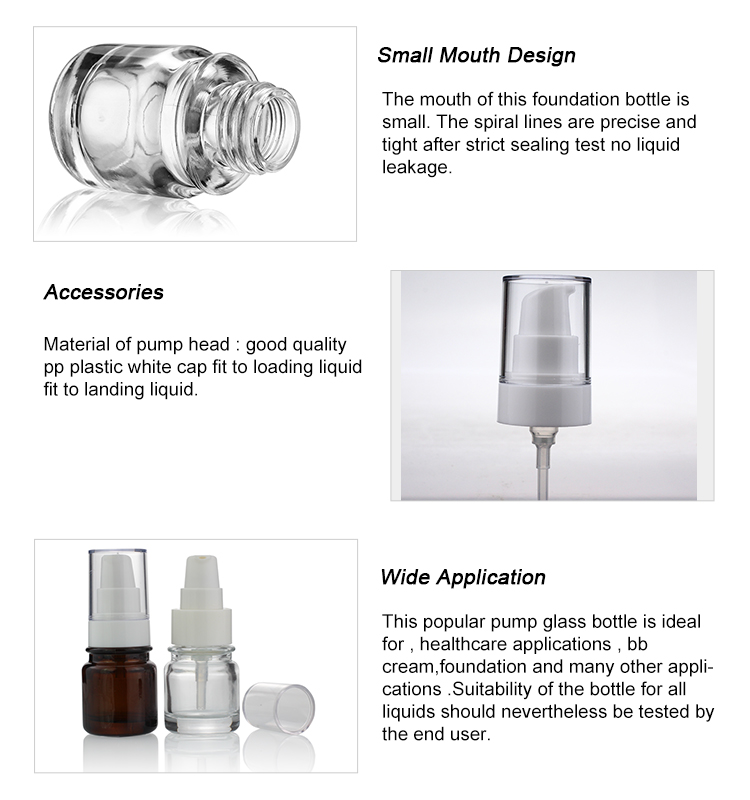 Cosmetic Packaging 30ml Round Clear Serum Lotion Foundation Glass Bottle With Pump