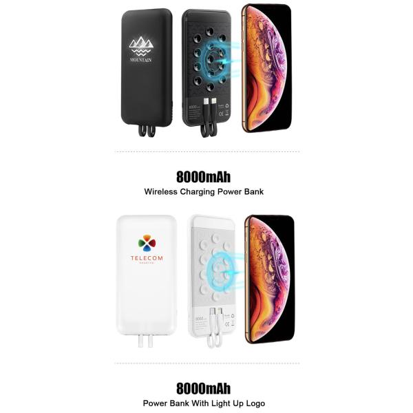 Best selling Wireless Charger Power bank 8000mAh Built-in Cable with LED Light-up logo and Suction cup