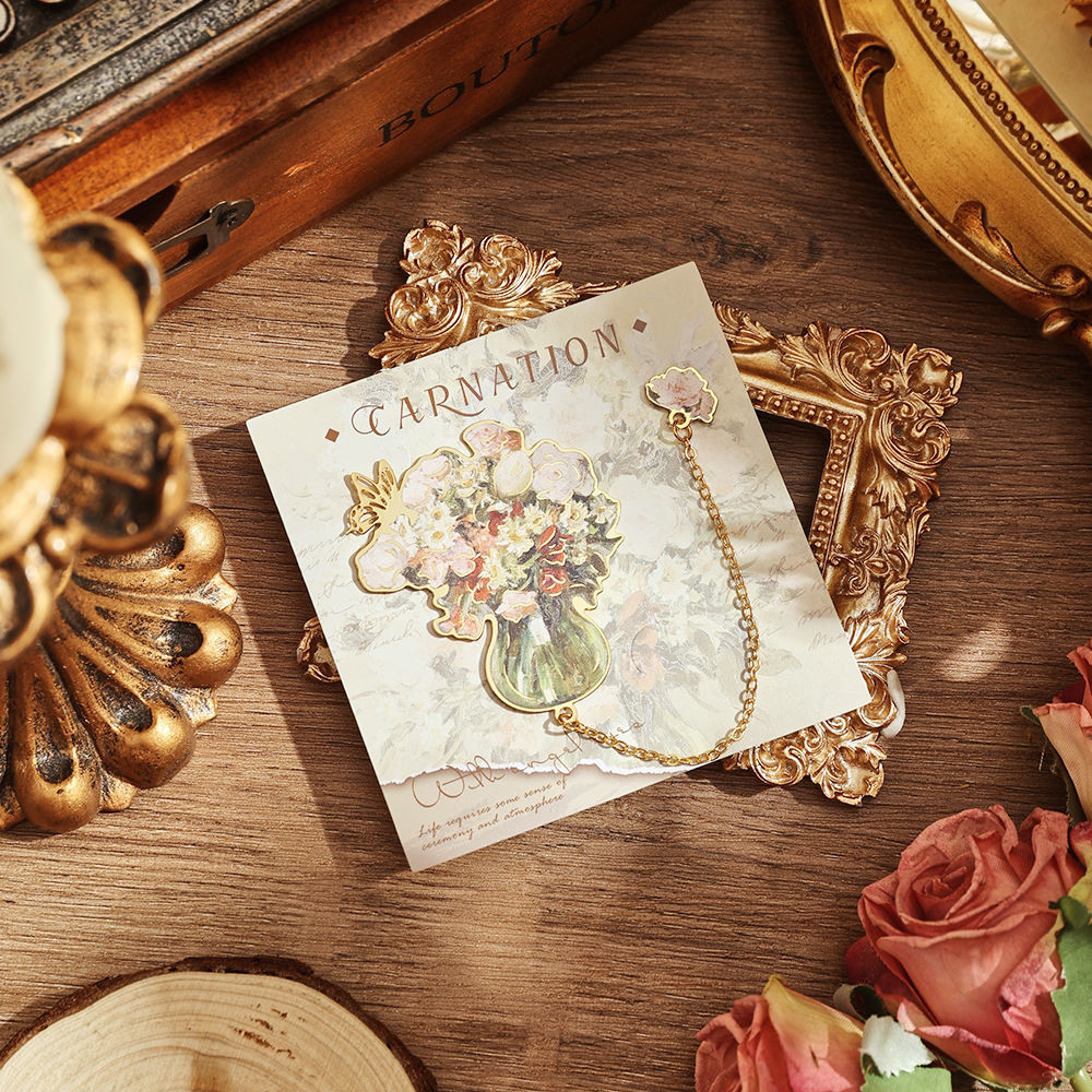 Hollow Custom Bookmark Vintage Flowers Painting With Metal Chain Pendant