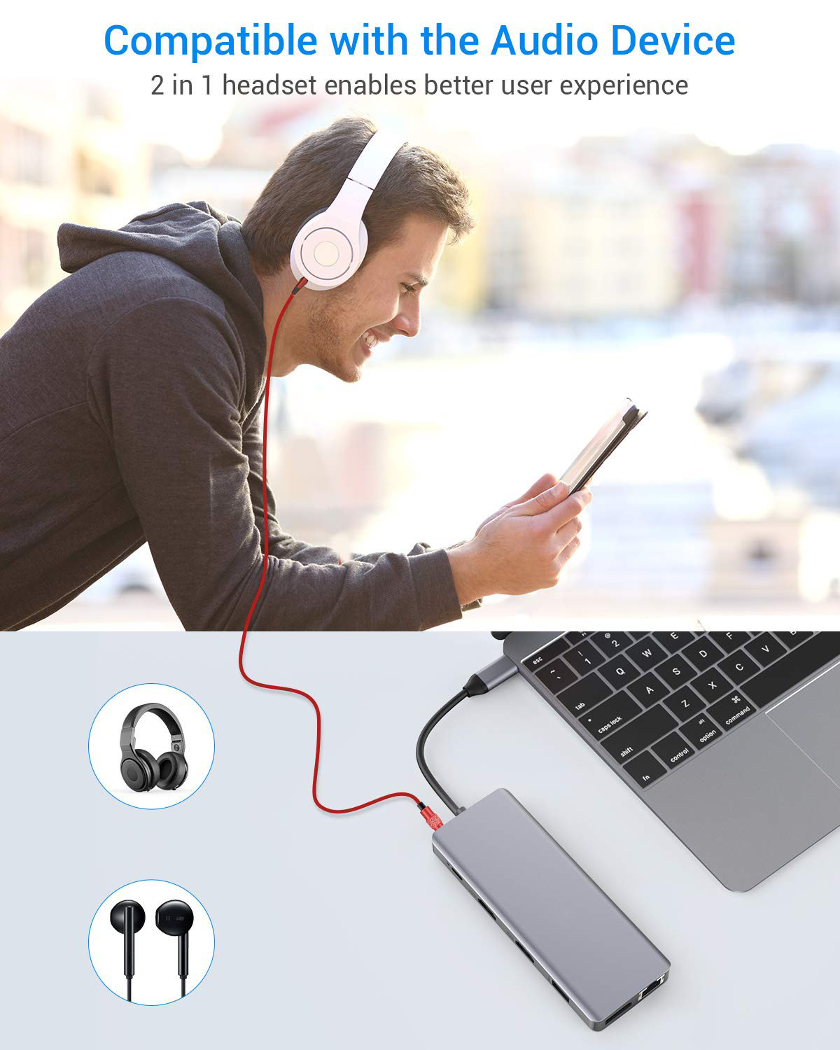 Silver Portable USB C hub multiport adapter with HDMI 3.5mm Audio Jack for MacBook Pro