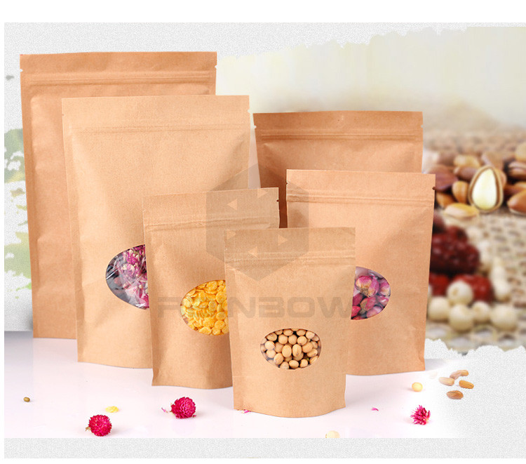 Stand Up k Kraft Customized Paper Bags With Polyethylene And Clear Window